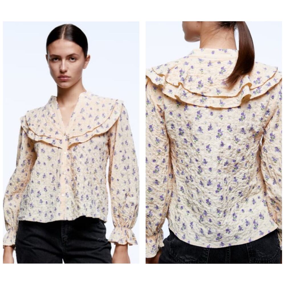 Zara Floral Collared Puff Sleeve Button Down Size XS Coquette Cottagecore
